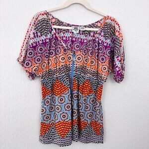 Ivy Jane Womens Short Sleeve Blouse Size M 100% Cotton Zip Geo Floral Orange